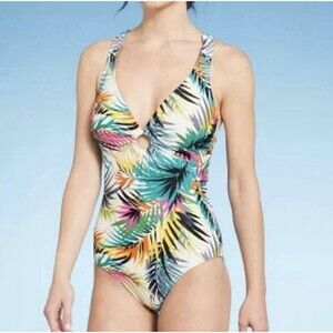 Shade & Shore Plunge Ring Detail One Pc Swimsuit Sz XL (16) Multicolor Tropical